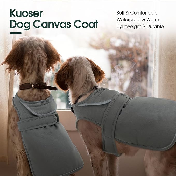 Kuoser Canvas Dog Coat, Warm Dog Jacket Reflective Fleece Pet Cold Weather Coat, Warm Doggie Clothes Waterproof Winter Vest with Zipper Leash Hole for Small Medium Large Dogs, Grey XS