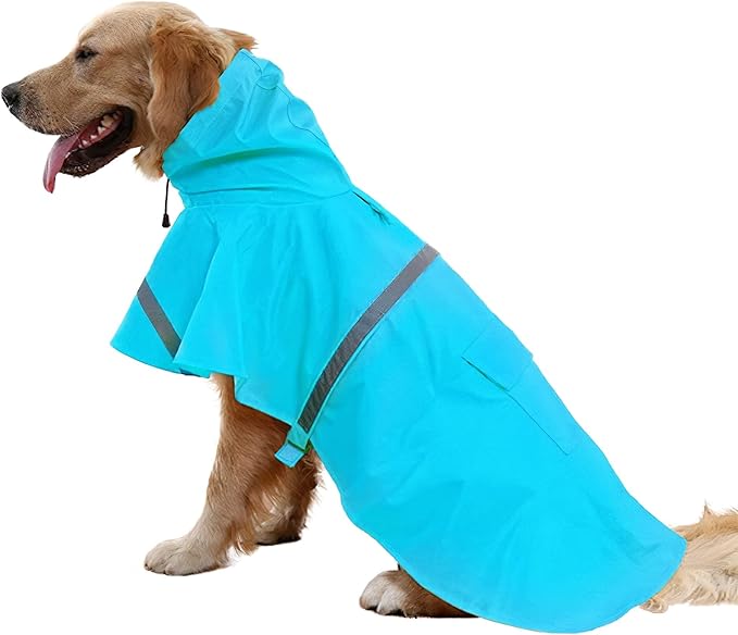 NACOCO Large Dog Raincoat Adjustable Pet Water Proof Clothes Lightweight Rain Jacket Poncho Hoodies with Strip Reflective (XXL, Lake Blue)