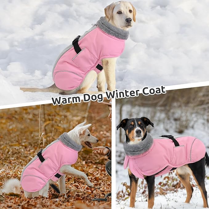 Queenmore Dog Coats for Large Breeds, Doggie Snow Jacket, Adjustable Easy On Dog Winter Jacket for Large Dogs, Waterproof Cold Weather Pet Coat, Pink, L