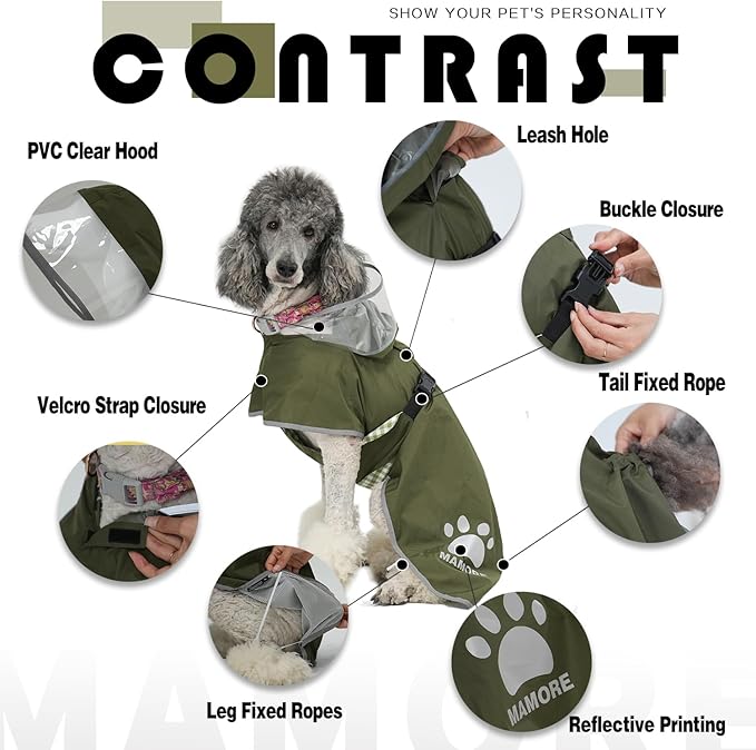 MAMORE Dog Raincoat Hooded Rain Jacket for Small Medium Large Dogs Slicker Poncho Bottom Waterproof Adjustable Reflective Breathable Leash Hole (Army Green, X-Large)