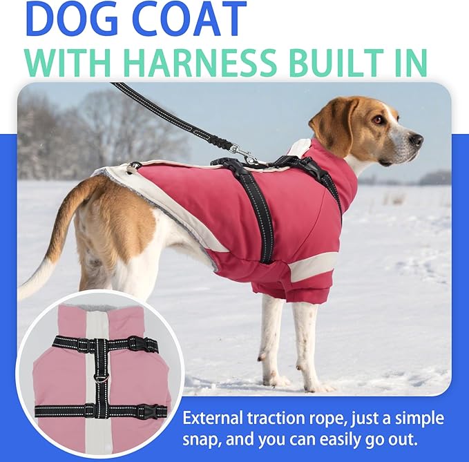 MIGOHI Dog Coat with Harness Built in, 2-in-1 Thermal Dog Winter Coat, Windproof Reflective Jacket with High Collar for Medium Dogs, Easy On Back Zipper, Cocker Spaniels, Pink, L