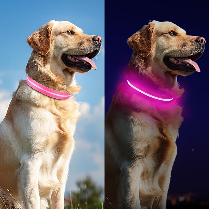 Light Up Dog Collar, Adjustable USB Rechargeable Glow in Dark Dog Collar ，Waterproof Dog Collars for Large Dogs (Pink, Large)
