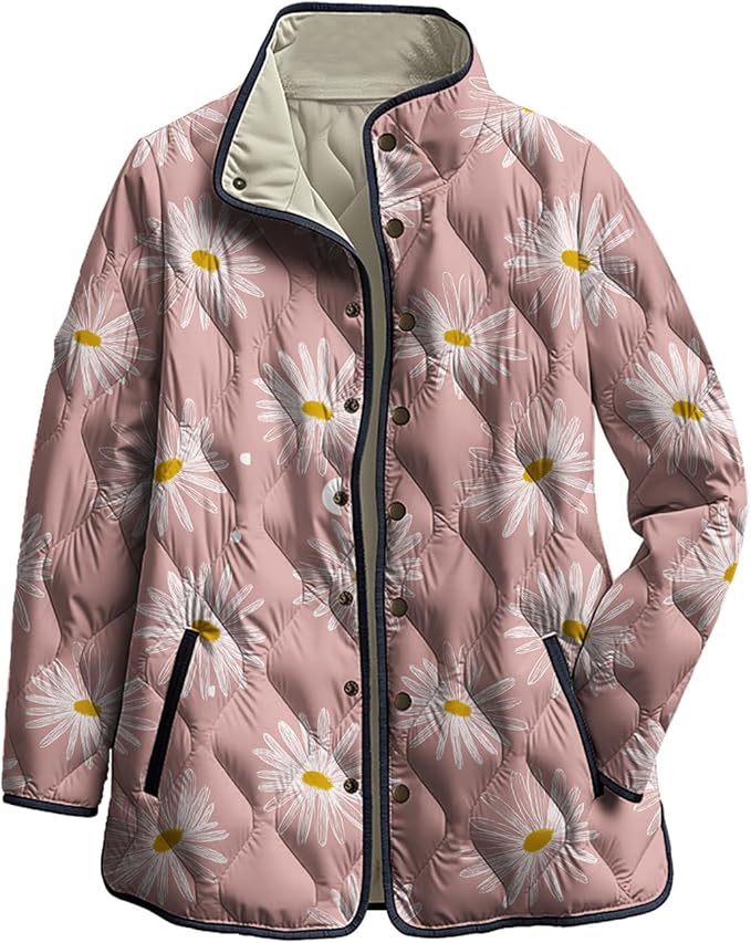 LIZALIG Women's Cropped Puffer Jacket Lightweight Floral Print Long Sleeve Padded Quilted Puffy Cardigan Coat