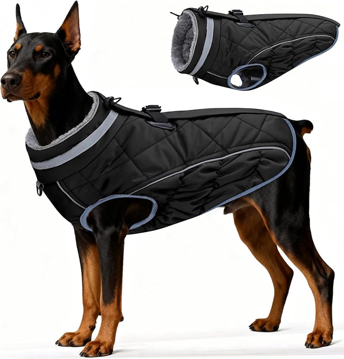 Dog Coat, Warm Dog Winter Coat for Large Dogs, Waterproof Jacket with Harness Built in, Reflective Turtleneck Cold Weather Coats with Zipper,Pet Fleece Vest Snow Jacket, Black XXXL