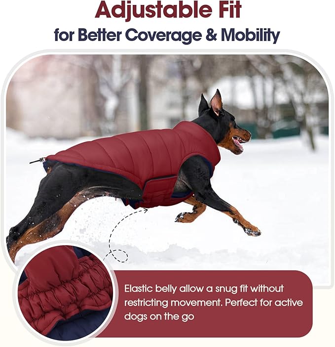 QBLEEV Reversible Dog Coat for Medium Dogs, Waterproof Windproof Winter Jacket Keeps Dogs Warm in Snow, Adjustable Hook & Loop Lightweight Dog Puffer Vest, Wine Red, L – Fits French Bulldog