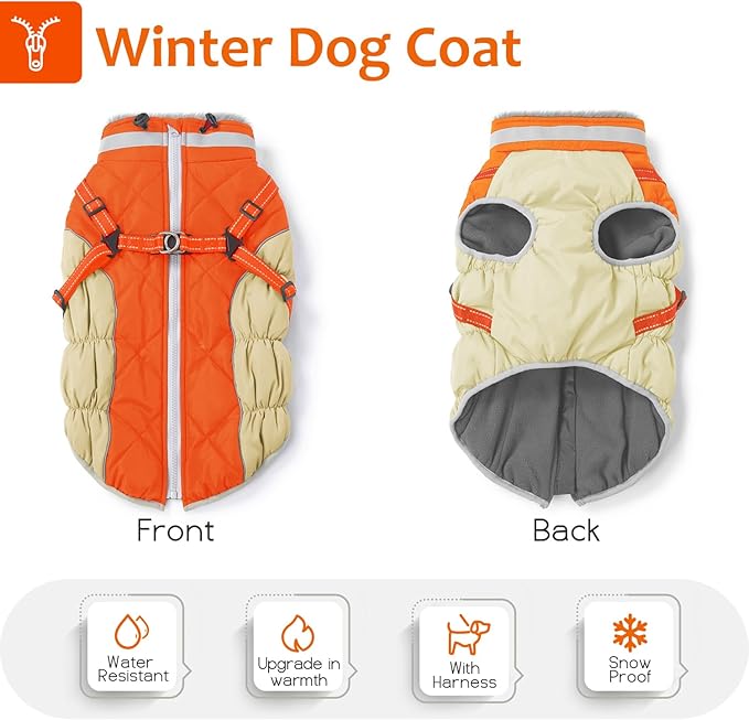 Dog Winter Coat with Harness, Dog Jacket, Pet Clothes with Zipper on Back, Waterproof Windproof Warm Vest, Reflective Cold Weather Coats, for Small Medium Large Dogs, Thick, Orange, 3XL