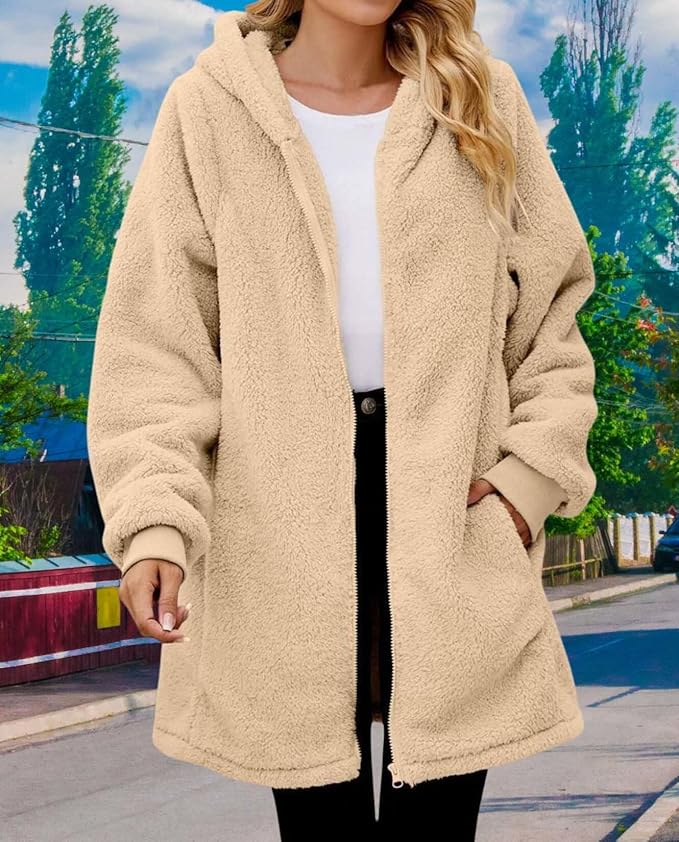LIZALIG Women's Oversized Fleece Jacket Hooded Zip-Up Cardigan Coat with Pockets Warm Winter Casual Wear for Vacation