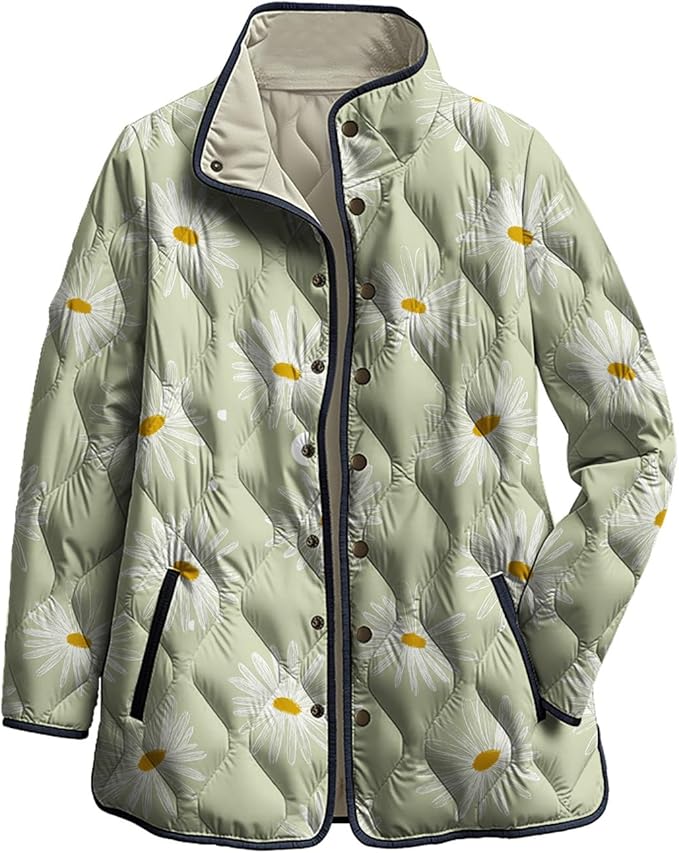 LIZALIG Women's Cropped Puffer Jacket Lightweight Floral Print Long Sleeve Padded Quilted Puffy Cardigan Coat