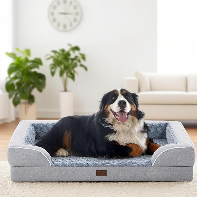Orthopedic Dog Beds for Large Sized Dogs, Waterproof Memory Foam Large Pet Bed with Sides 36x27Inch, Non-Slip and Egg-Crate Foam Big Dog Couch Bed with Removable Washable Cover, Light Grey