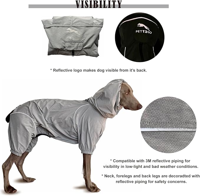 Dog Lightweight Windbreaker, Pet Outdoor Sports Jacket, 0.5 lbs,3 in One, Hooded, Easy on/Off with Collar and Harness, Reflective Piping, Packable, Dog Hiking/Camping, Grey (Large)