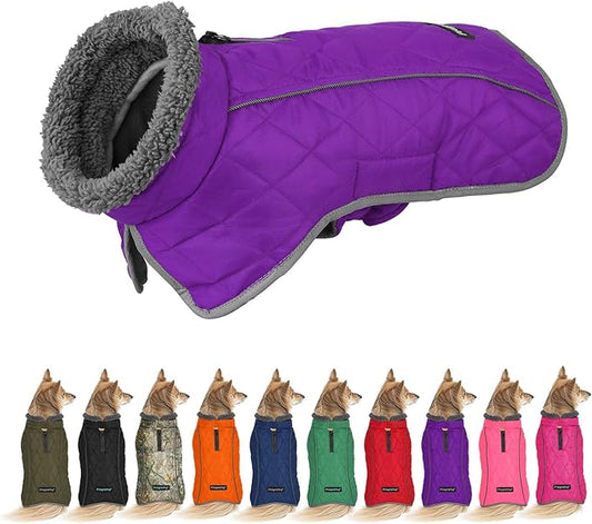 Fragralley Dog Coat Small, Waterproof Dog Jacket with Warm Fleece Lining, Adjustable Reflective Dogs Winter Coat, Turtleneck Pet Coats for Cold Weather (Purple S)