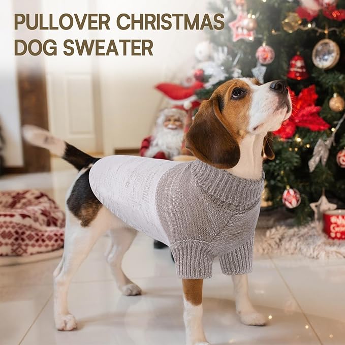Queenmore Pullover Large Dog Sweater,Classic Turtleneck Warm Pet Sweater with Leash Hole for Dog Girls Boys,Winter Knitwear Clothes for Dachshund,Corgi,French Bulldog(Khaki,L)