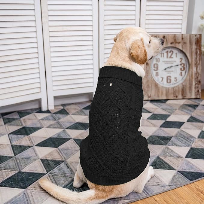 Mihachi Turtleneck Dog Sweater - Winter Coat Apparel Classic Cable Knit Clothes with Leash Hole for Cold Weather, Ideal Gift for Pet in New Year Black Medium