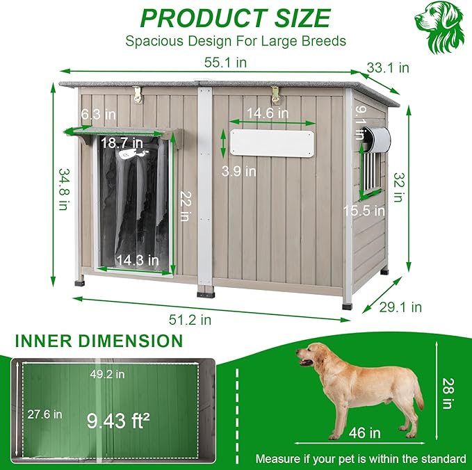 Large Dog House Outdoor Weatherproof XL Dog House Wooden with Adjustable Vent Window, Chew-Proof Iron Frame, Removable Floor, Easy Assembly for Medium to Large Dogs(55" L x 33" W x 35" H)
