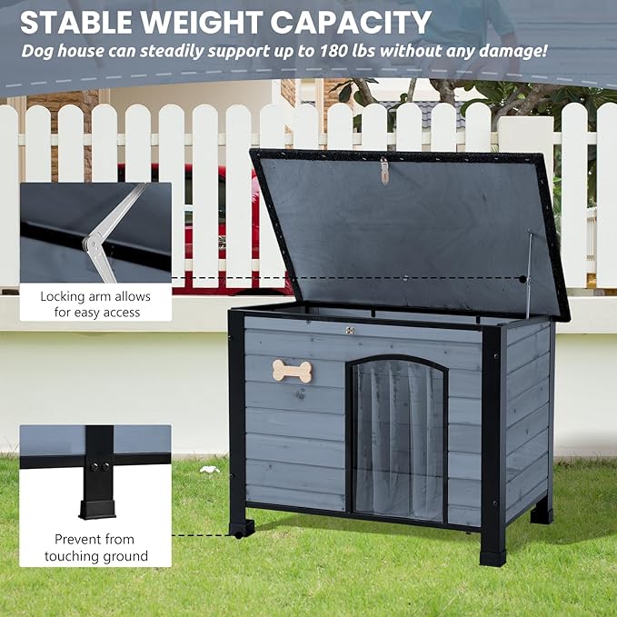 Outdoor Dog House, Small Wooden Dog House with Anti Bite Iron Frame Weatherproof Finish Outside Paw Print Dog Crate for Large and Medium Dogs, Grey