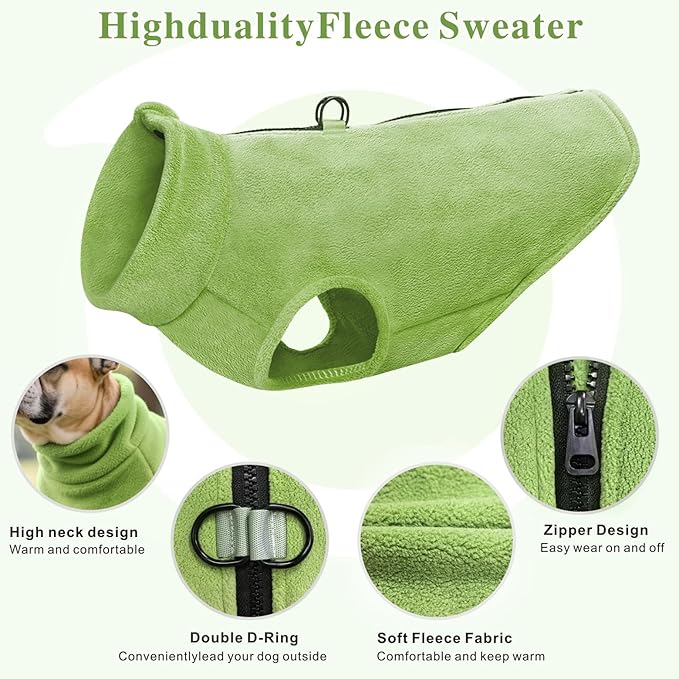 Idepet Dog Fleece Vest Sweater Zip Up Warm Pullover Dogs Jacket with D-Ring Leash Winter Cold Weater Coat Pet Sweatershirt Clothes Hoodie for Small Medium Dogs Boy Girl(Green,S)