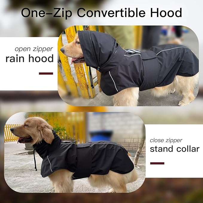 Large Dog Raincoat, Reflective Waterproof Rain Jacket with Convertible Hood/Collar, Lightweight Adjustable Dog Poncho with Leash Hole Full Coverage (Black, L)