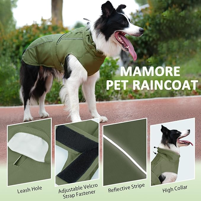Waterproof Dog Raincoat, Adjustable Lightweight Dog Rain Jacket with Reflective Strip Leash Hole for Small Medium Large Dogs (Green, X-Large(37-55lb))