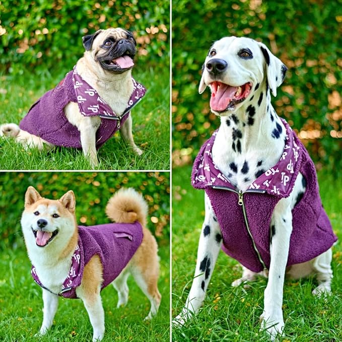 Tuff Pupper Reversible Fleece Sweater Vest for Dogs | Lightweight Comfortable Insulated Jacket | Front Zip Closure | Machine Washable | Built-in Leash Hole | Sizes for All Breeds (Large, Purple)