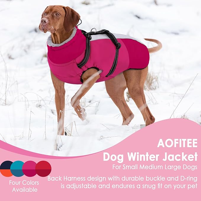 AOFITEE Dog Coat for Large Dogs, XXXL Dog Winter Jacket with Harness Built in, Turtleneck Cold Weather Coat for Extra Large Dogs, Reflective Pet Fleece Jacket with Zipper for Great Dane, HotPink 3XL