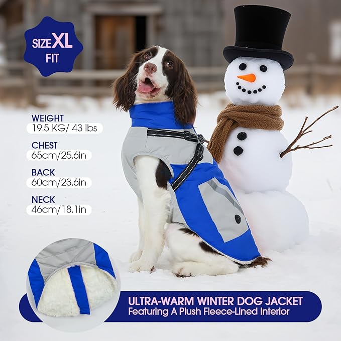 FUAMEY Dog Winter Jackets for Large Dogs,Dog Coat with Harness Built in,Waterproof Dogs Snowsuits Warm Pet Jacket Zip Up Fleece Cold Weather Coats Reflective Puppy Vest with Pocket Blue L