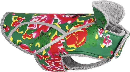 VIVAGLORY Frostfit Dog Coat, Dog Jacket for Winter & Cold Weather, Warm Fluffy Fleece Lined Water Resistant Reflective for Puppy, Coat with Velcro Fastening & Leash Hole, S, Northeast Florals-Green