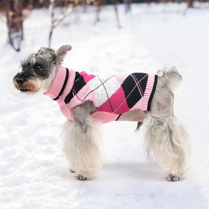 KOOLTAIL Dog Sweater Pet Knitted Clothes - Classic Plaid Pull Over Turtleneck Dog Sweaters with Leash Hole Warm Dogs Winter Clothing for Small Medium Dogs Cats Puppy M