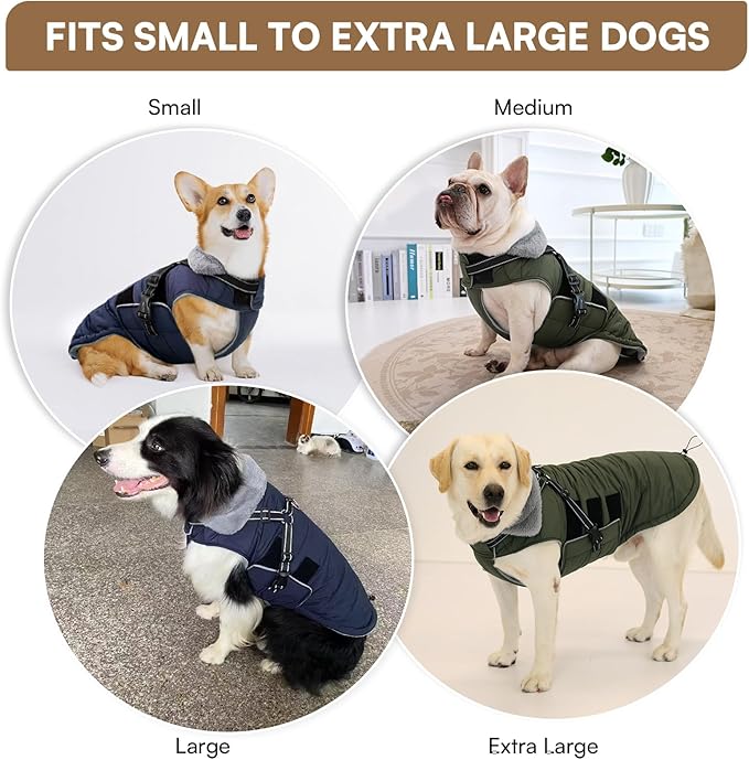 Queenmore Winter Dog Jackets for Large Dogs XXL, Waterproof Winter Coat for Extra Large Pitbull/Great Danes, Warm Puffer Snow Jacket for Cold Weather - Fleece Lining Velcro Closure Reflective, Navy