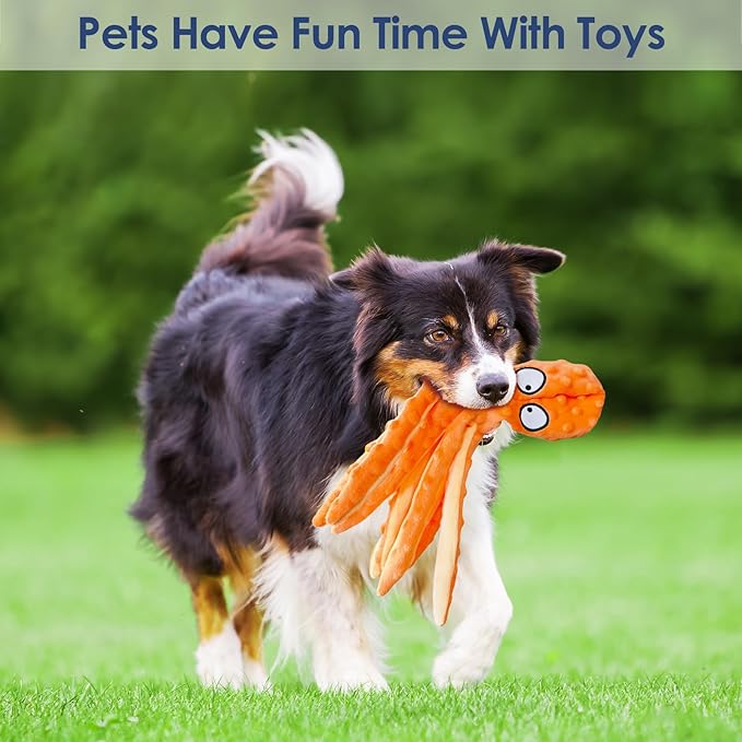 8 Pack Squeaky Octopus Plush Dog Toys for Aggressive Chewers, No Stuffing, Crinkle, Durable Interactive, 4 Colors