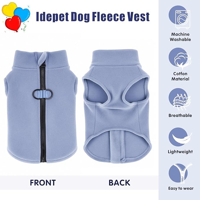 Idepet Dog Fleece Vest Sweater Zip Up Warm Pullover Dogs Jacket with D-Ring Leash Winter Cold Weater Coat Pet Sweatershirt Clothes Hoodie for Small Medium Dogs Boy Girl(Sky Blue,XL)