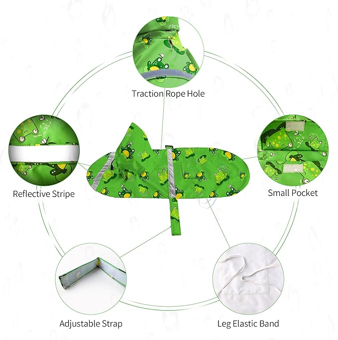 NACOCO Large Dog Raincoat Adjustable - Pet Frog Water Proof Clothes Lightweight Rain Jacket Poncho Hoodies with Strip Reflective Green (XL, Green Frog)
