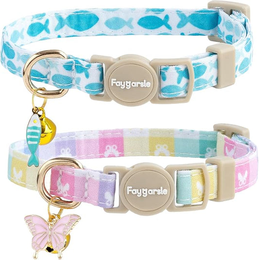 Faygarsle 2 Pack Plaid Butterfly Fish Pattern Cat Collars Breakaway Safety Collar with Bell Spring Summer Design for Girl Cats,Blue Multicolor