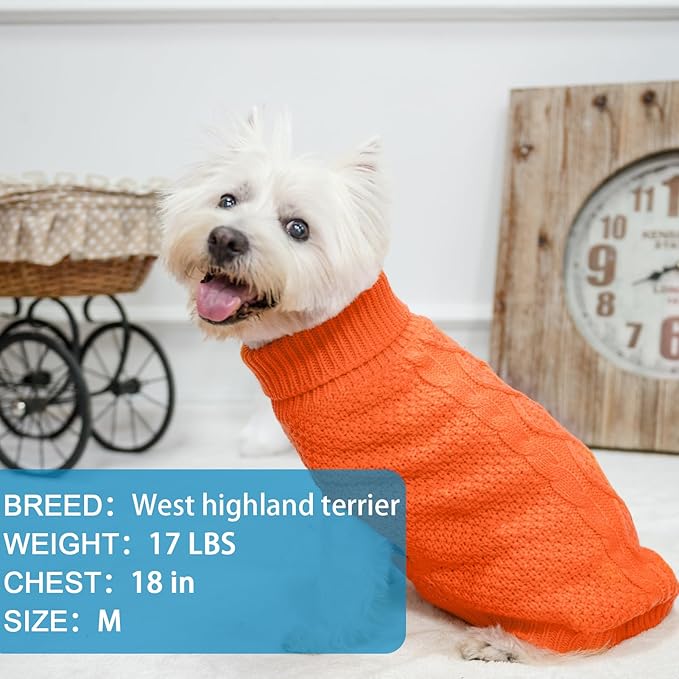 Mihachi Turtleneck Dog Sweater - Winter Coat Apparel Classic Cable Knit Clothes with Leash Hole for Cold Weather, Ideal Gift for Pet in New Year Orange Small/Medium