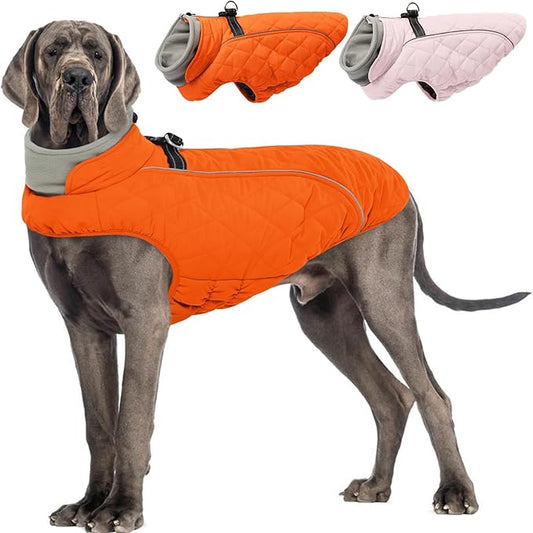 Dog Coat with Harness Built in -Orange,XL- Fleece Lined Dog Snow Jacket Snowsuit，Adjustable Reflective Winter Warm Cold Weather Coat