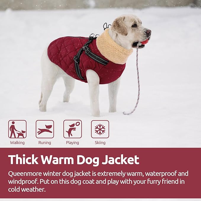 Queenmore Dog Winter Jacket, Dog Coats for Large Dogs, Warm Cozy Pet Jacket Winter with Harness Built in, Waterproof Pet Snow Jacket, Thick Fleece Lining Snowsuit for Large Dogs, Burgundy L