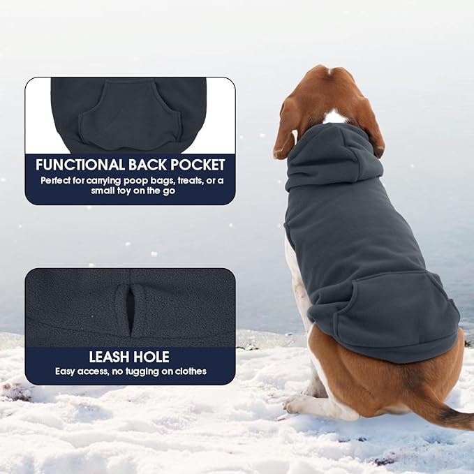 IECOii XL Dog Sweater & Pullover Hoodie for Large Dogs, Warm Fleece Layer with Hood for Cold Weather, Boys & Girls, Grey, Size XL