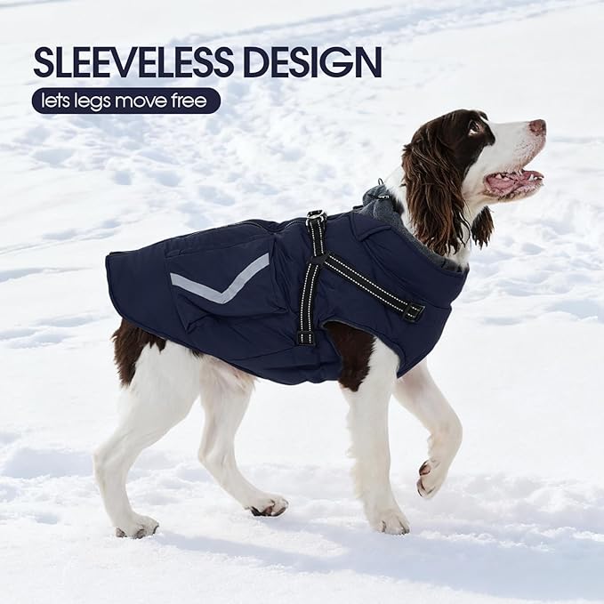 FUAMEY Dog Coat Zipper on Back, Fleece Lined Dogs Jacket for Winter with Harness Built-in, Insulated Clothes Large Doggy Cold Weather Outfits with Pop Bag Pockets, Jack Russell (Dark Blue, L)