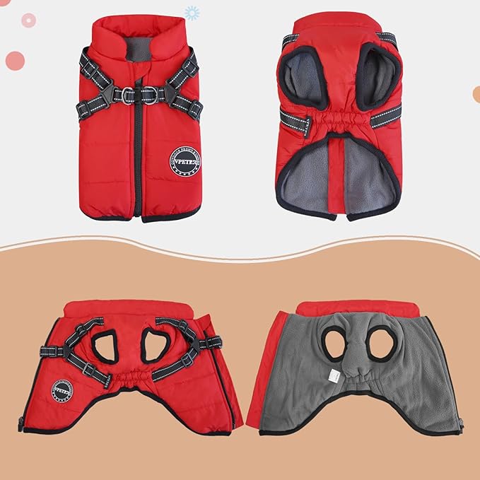 Dog Winter Coat,Warm Jacket Paded Fleece Pet Vest with Built in Harness, Windproof Reflective Cozy Adjustable Snow Pet Coat Clothes with Zipper for Small Medium Large Dogs