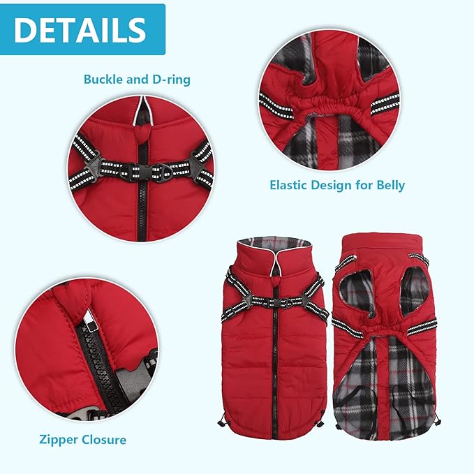 Winter Warm Coat Geyecete Waterproof Dog Winter Jacket with Harness Traction Belt,Pet Outdoor Jacket Dog Autumn and Winter Clothes for Medium, Small Dog-Red-S