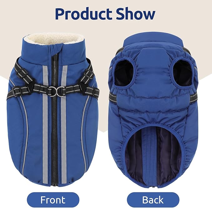 Dog Winter Coat with Harness Built in Warm Puffer Dog Jackets for Small Medium Large Dogs Windproof Waterproof Outfit with Plush Lining and Reflective Stripes (Blue, XS)