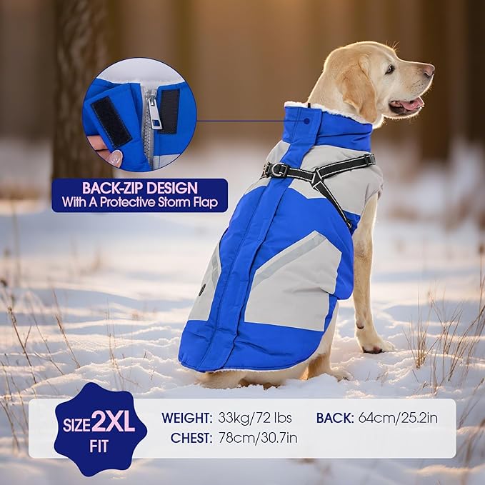 FUAMEY Dog Winter Jackets for Large Dogs,Dog Coat with Harness Built in,Waterproof Dogs Snowsuits Warm Pet Jacket Zip Up Fleece Cold Weather Coats Reflective Puppy Vest with Pocket Blue 2XL