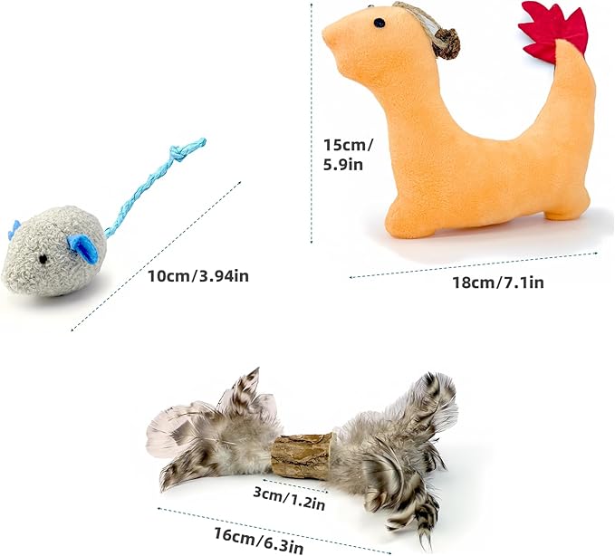 3 Pack Catnip Toys for Indoor Cats – Interactive Kitten Toys with Silvervine Stick & Feather, Durable Chew & Kick Cat Toys for Stress Relief & Play