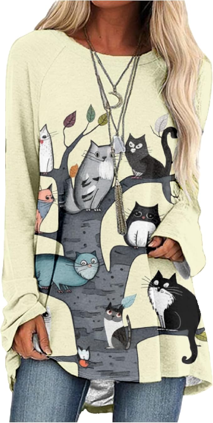 Womens Tunic Shirt Cute Cat Print Long Sleeve Round Neck Women T Shirts Cotton Casual Plus Size Vacation Tunics Tops