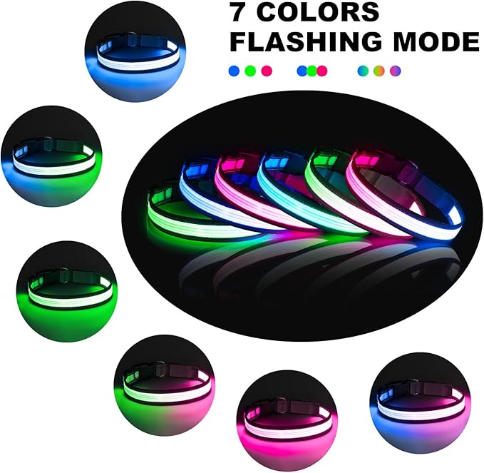 Multi-Color Light up Dog Collar, YFbrite USB Rechargeable LED Puppy Collar Super Bright Adjustable Glowing Dog Lights for Night Walking (Multi-Color, Medium)