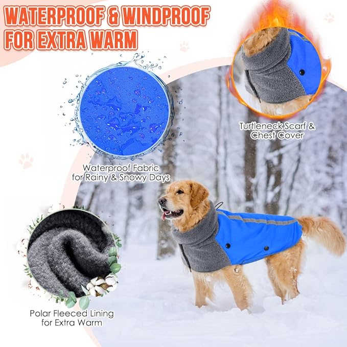 SlowTon Winter Dog Coat, Warm Polar Fleece Lining Doggie Outdoor Jacket with Turtleneck Scarf Reflective Stripe Adjustable Waterproof Windproof Puppy Vest Soft Pet Outfits (M+,Blue)