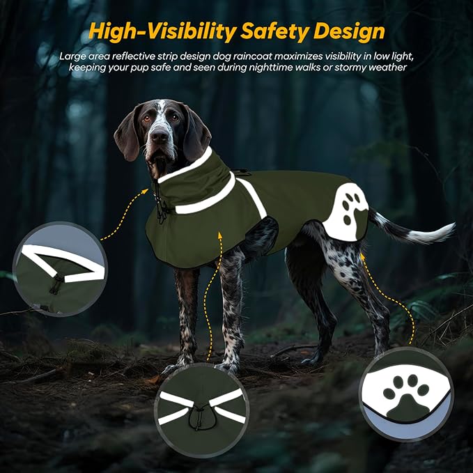 Dog Raincoat for Large Dogs, Adjustable Rain Jacket for Dogs, Waterproof Slicker Jacket for Adventures, Walking, Hunting（XL,Dark Green）