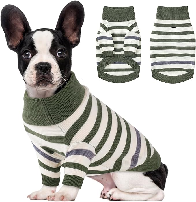 Small Dog Sweater, Knitted Striped Pullover Dog Clothes for Cold Weather, Thick Warm Cozy Stretchy Sweater for Chihuahua, Bulldog, Dachshund, Pug(Green & White Strip, M)