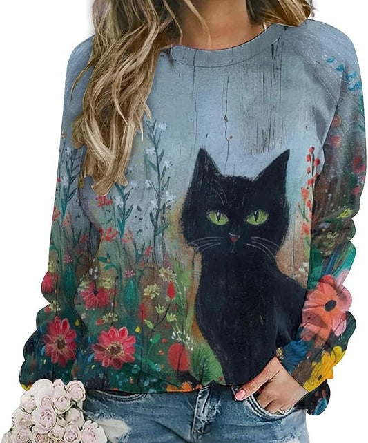 Long Sleeve Shirts for Women Cat Oil Painting Shirt 3D Graphic Sweatshirts Fall Pullover Crewneck Vintage Boho Tops