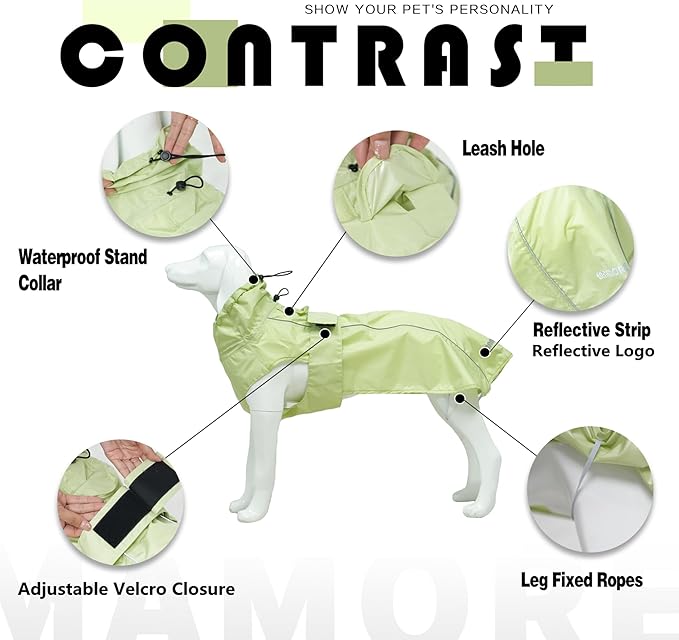 Waterproof Dog Raincoat with Reflective Strip, Adjustable Breathable Rain Coat Jacket with Leash Hole for Dogs (Light Green, X-Large)