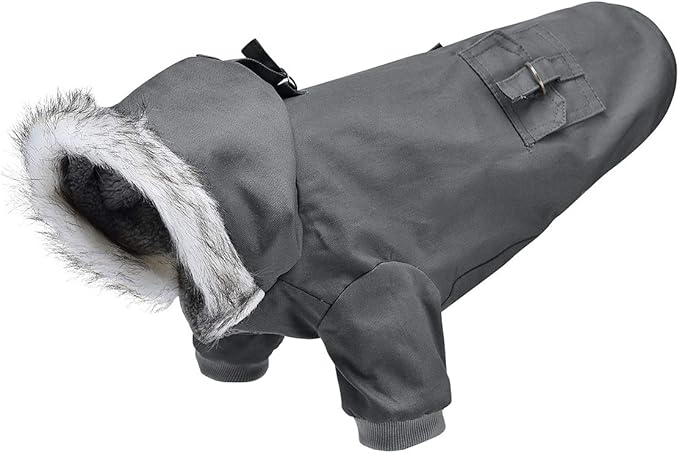Warm Dog Hooded Trench Coat Windproof Parka Jacket for Cold Weather (XL, Black Grey)
